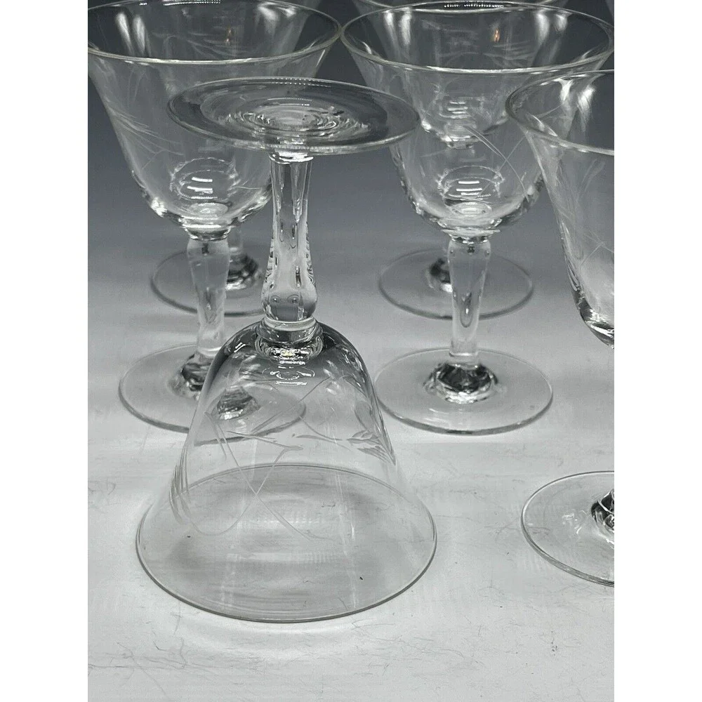 8 Vintage Clear Etched Glass Sherry Wine 2oz Glasses Shot‎